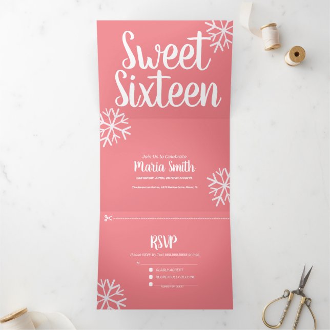 Dobra Tripla Convite de Sweet 16 Moderno com Flocos de Neve Esp (Dentro)