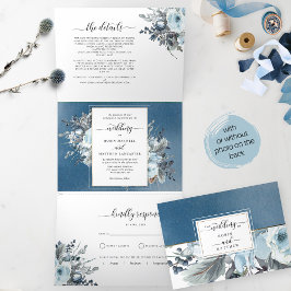 Dobra Tripla Convite para casamento de três folhas com RSVP Blu