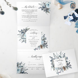 Dobra Tripla Convite Triplo com Casamento Floral Azul RSVP