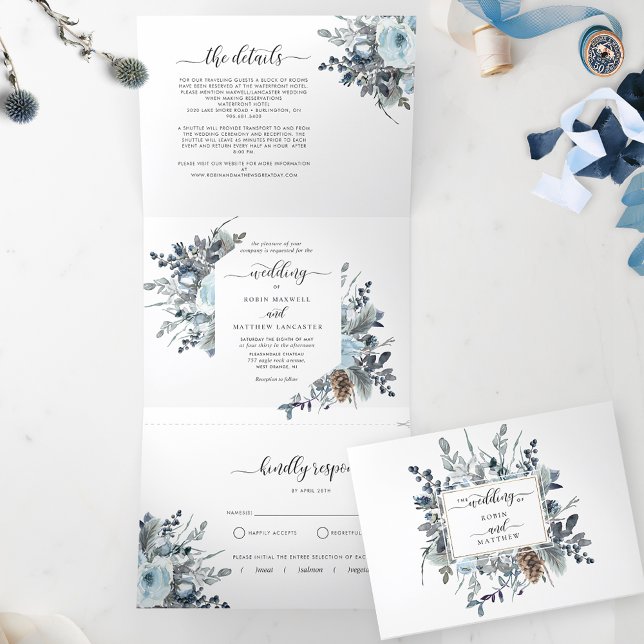 Dobra Tripla Convite Triplo com Casamento Floral Azul RSVP (Criador carregado)