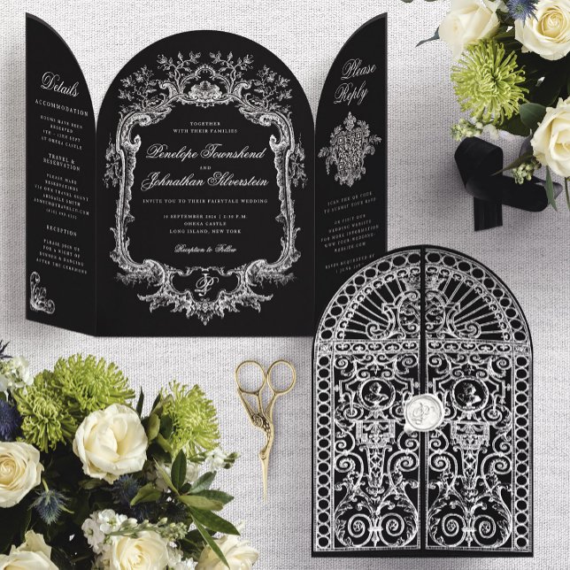 Dobra Tripla Elegante Convite de Casamento com Arco de Porta Ba (Elegant Black White Baroque Arch Wedding Gatefold Invitation)