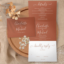 Dobra Tripla Terracotta Moderno Convite de Casamento com Foto e