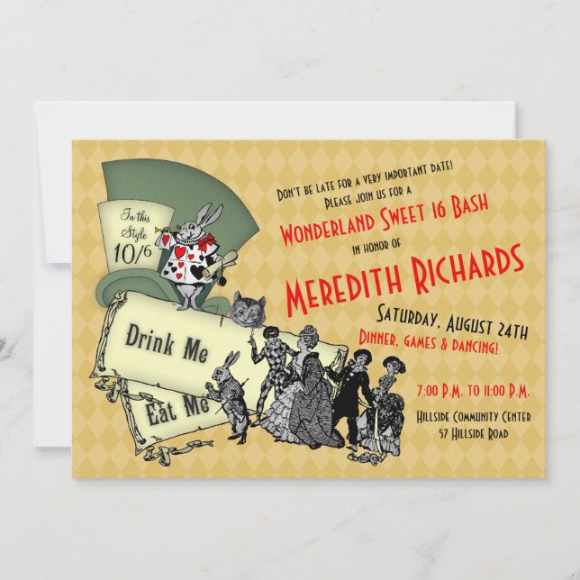 Doce 16 Aniversário Convite Mad Hatter Wonderland (Frente)
