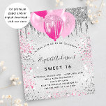 Doce 16 aniversários, prata rosa, convite à relva<br><div class="desc">Para um doce elegante 16,  16 anos. Um fundo de olhar mal prateado. Decorado com brilho prateado rosa e falso e balões. Personalize e adicione um nome,  idade e detalhes da festa. O nome é escrito com um script de estilo manuscrito</div>