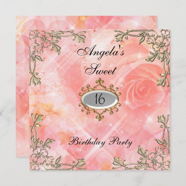 Doce 16 anos: Convite para Flores Rosa (Frente/Verso)