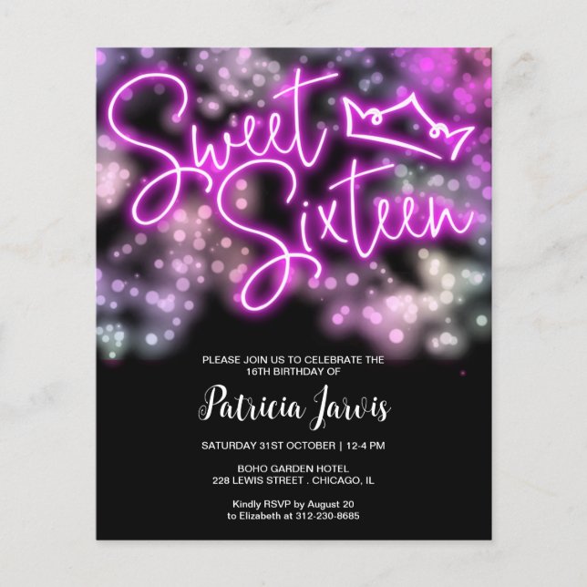 Doce 16 Bday - Colorido Convite Orçamental Neon Gl (Frente)