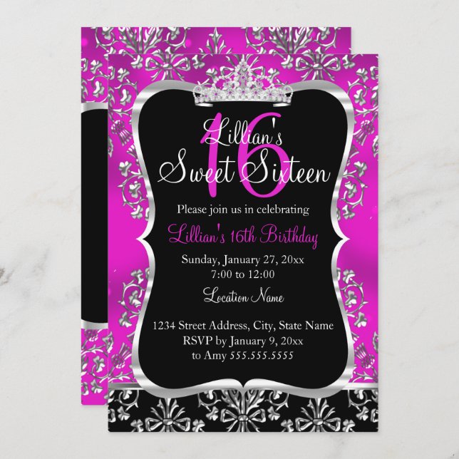 Doce 16 Black Damask Tiara, Rosa Quente, Convite (Frente/Verso)