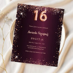Doce 16 Burgundy - rosa de ouro<br><div class="desc">Para um doce elegante 16, 16 anos. Uma cor de fundo de gradiente burguês. Decorado com faíscas rosa douradas. Personalize e adicione um nome e detalhes da parte. O nome é escrito com um script de estilo manuscrito. 1 folha = 1 convite impresso de borda a borda.</div>