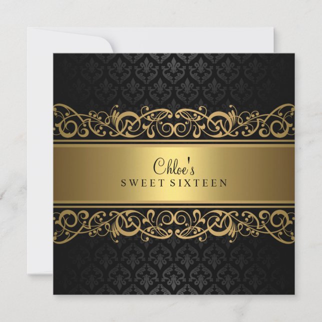 Doce 16 | Convite Damask Dourado e Preto (Frente)