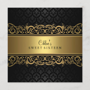 Doce 16 Convite Damask Dourado e Preto