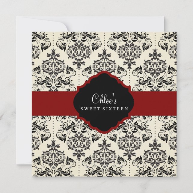 Doce 16 | Convite Damask Vermelho & Preto (Frente)