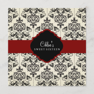 Doce 16 Convite Damask Vermelho & Preto
