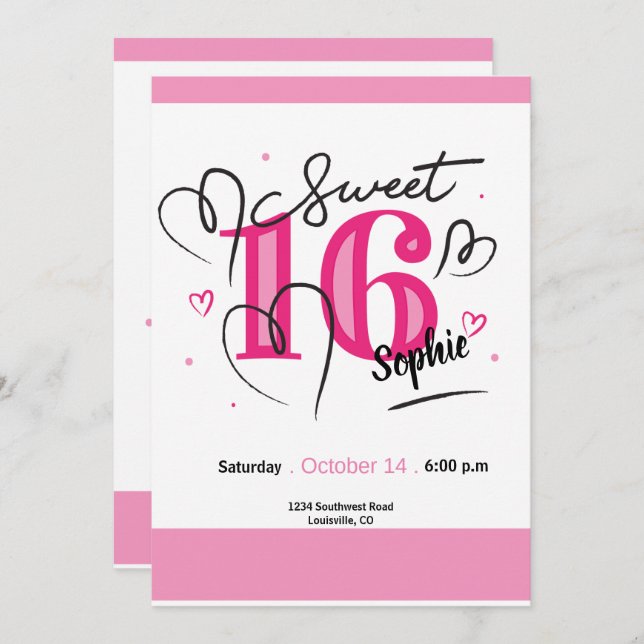 Doce 16 Convite Fuchsia Rosa 16º Aniversário (Frente/Verso)