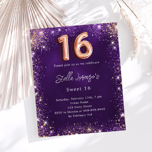 Doce 16 convite para ouro rosa roxo