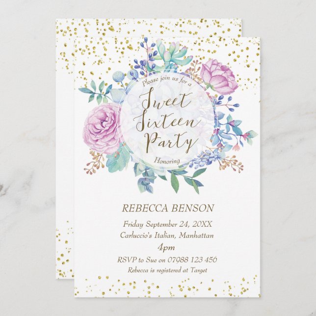 Doce 16 convite suculenta faux gold confetti (Frente/Verso)