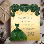 Doce 16 esmeralda convite para vestidos de ouro ve<br><div class="desc">Um convite moderno, na moda e glamouroso para uma doce festa de aniversário 16, 16. Um fundo de ouro falso com poeira brilhante verde, um vestido verde esmeralda e rosas verdes, florais. O nome é escrito com um moderno estilo escrito à mão. Personalize e adicione os detalhes da sua festa....</div>