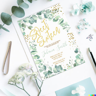 Doce 16 Eucalyptus Dourado Convite de Aniversário