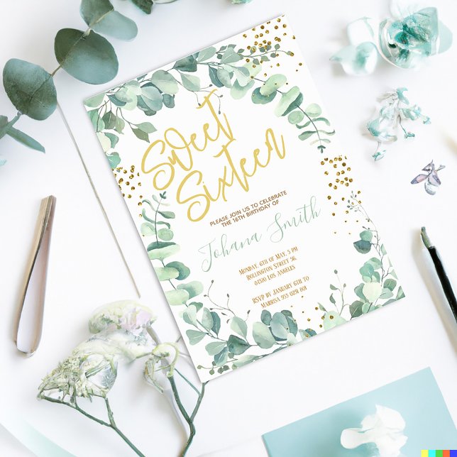 Doce 16 Eucalyptus Dourado Convite de Aniversário (Criador carregado)