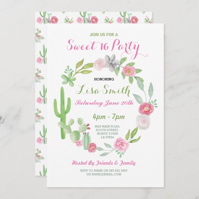 Doce 16 Festa de aniversário Fiesta Cactus Convite (Frente/Verso)