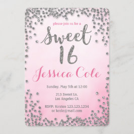 Doce 16 Silver Glitter Convite de Aniversário