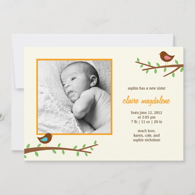 Doce Birdies Bebê Anúncio de Nascimento (Frente)