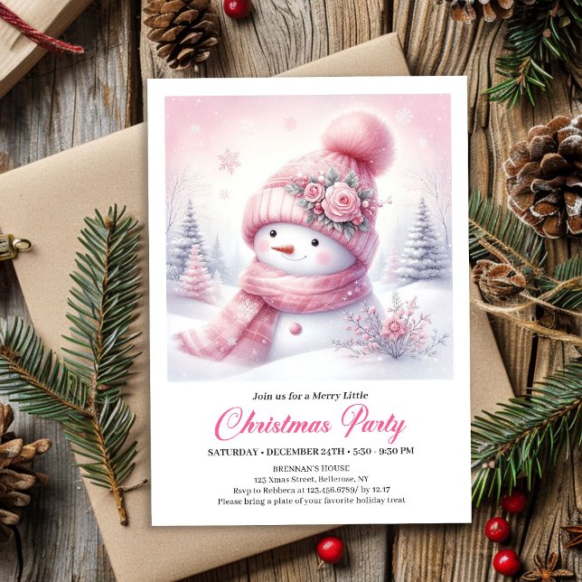 Doce Boneco de Neve Rosa Convite de Natal Editável (Sweet Pink Snowman Editable Christmas Invite Snowy Forest)