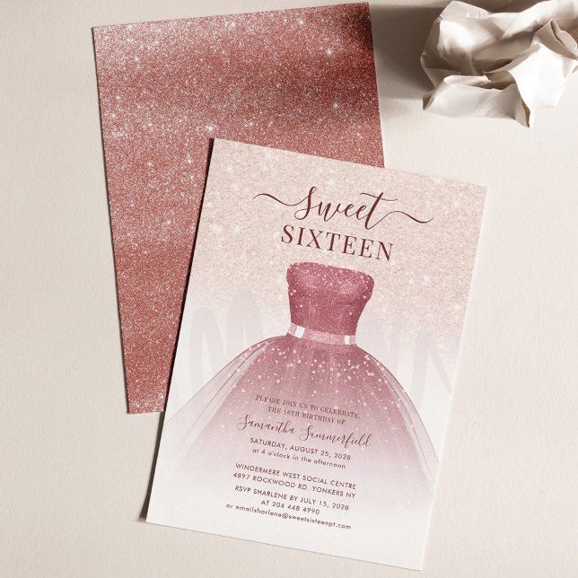 Doce Convite de aniversário de vestir Dourado de 1 (Sweet 16 Rose Gold Sxteenth Birthday Party Invitation)