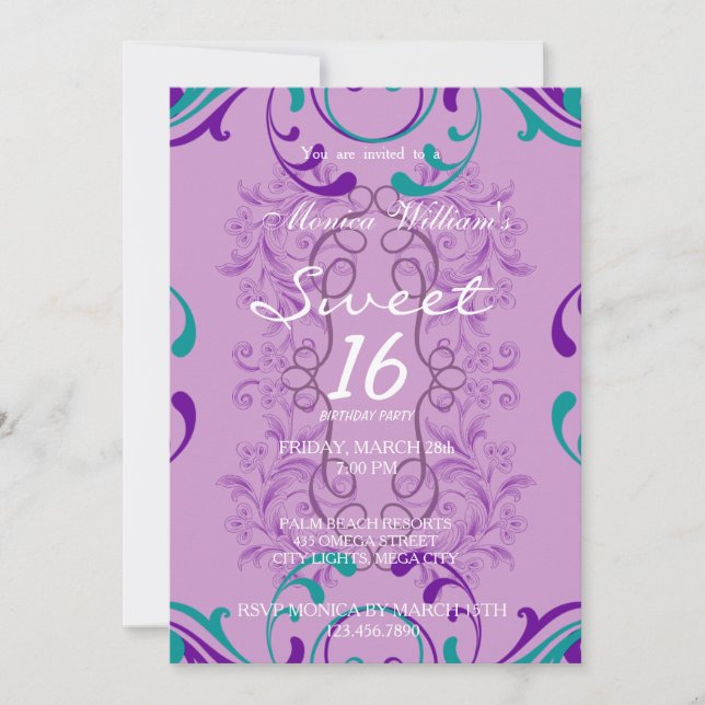 Doce Dezesseis Convites de aniversário Damask (Frente)