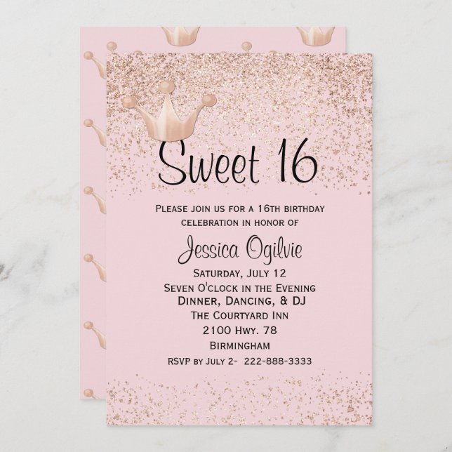 Doce Dourado cor-de-rosa do rosa da coroa convite (Frente/Verso)