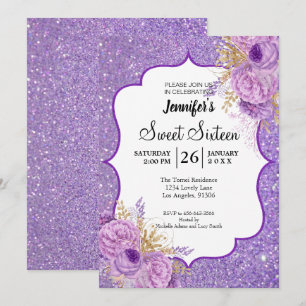 Doce Floral Roxo 16 Convite de Aniversário