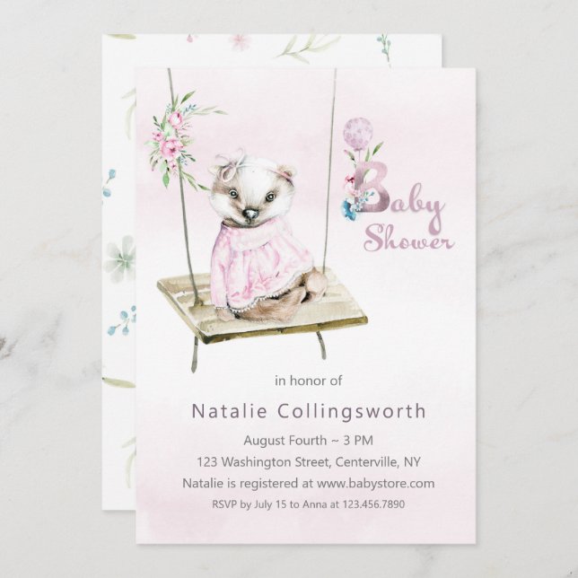 Doce Menina Badger no Convite ao Chá de fraldas Sw (Frente/Verso)