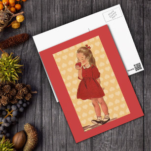 Doce Menina Com Cartão Postal de Maçã