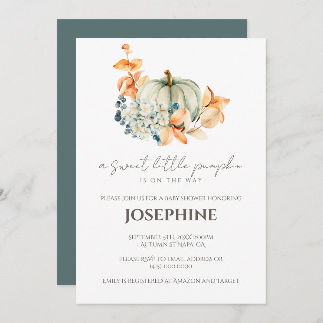 Doce Pequeno Chá de fraldas de Abóbora Convite (Frente/Verso)