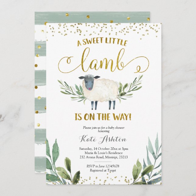 Doce Pequeno Lamb Chá de fraldas Verde Convite (Frente/Verso)