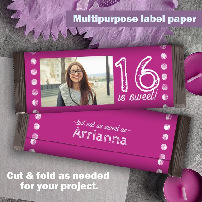 Doce Rosa 16 Abaulador de Bar Aniversário (hot pink sweet 16 sixteen candy bar wrapper, party chocolate bar wrapper personalized customized)