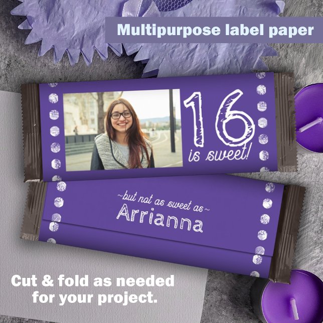 Doce Roxo 16 Abraçador de Bar de Aniversário (Purple personalized candy bar label, sweet 16 chocolate bar wrapper customized party candy )