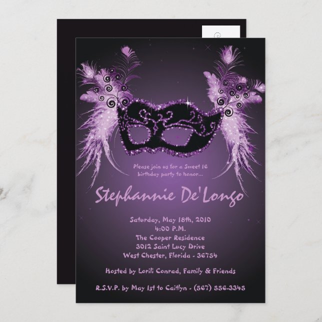 doce roxo do mascarada 5x7 convite de 16 (Frente/Verso)