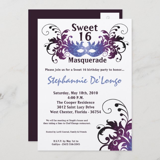 doce roxo do mascarada 5x7 convite de 16 (Frente/Verso)