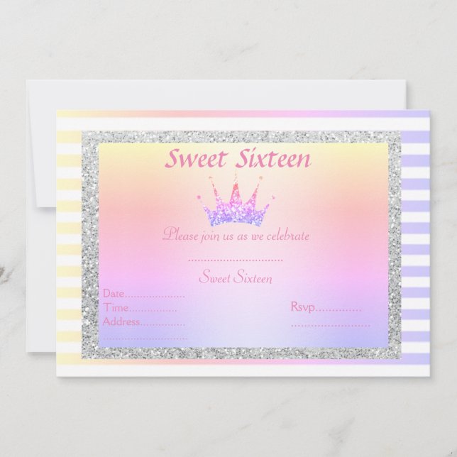 DOCE SEXTO PASTEL STRIPE TIARA CONVITE DE ANIVERSÁ (Frente)