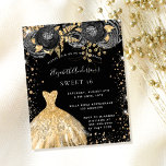 Doces 16 de ouro preto vestido de floral convite o<br><div class="desc">Um convite moderno, na moda e glamouroso para uma doce festa de aniversário 16, 16. Um fundo preto com pó de ouro falso, um vestido e rosas de ouro e preto, florais. O nome é escrito com um moderno estilo escrito à mão. Personalize e adicione os detalhes da sua festa....</div>