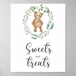 doces de ursos pequenos e poster de chá de fraldas