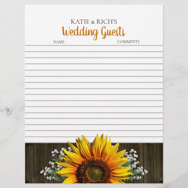 Documento de Guestbook Rustic Sunflower (Frente)