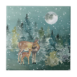 Doe Fawn Deer Forest Fora de Lua Cheia Aquarela