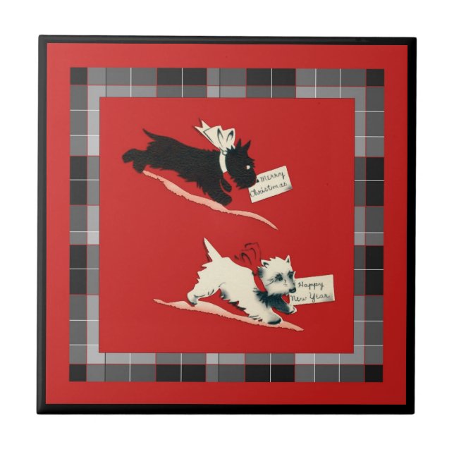 Dois Cachorros Scottie Sm. (4,25" x 4,25") Azulejo (Frente)