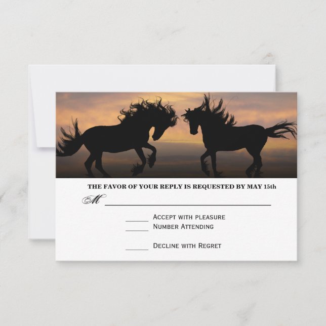 Dois cavalos em placas RSVP de Casamento Sunset (Frente)