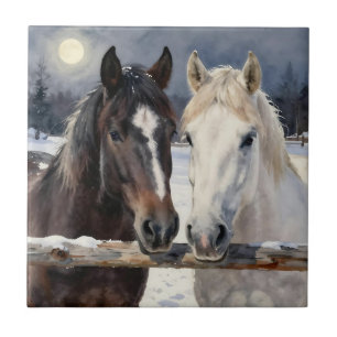 Dois Cavalos em uma Fazenda Nevada sob a Lua