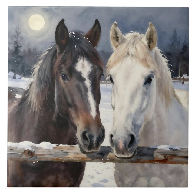 Dois Cavalos em uma Fazenda Nevada sob a Lua (Frente)