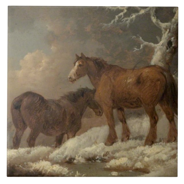 Dois cavalos na neve (cena do inverno) (Frente)