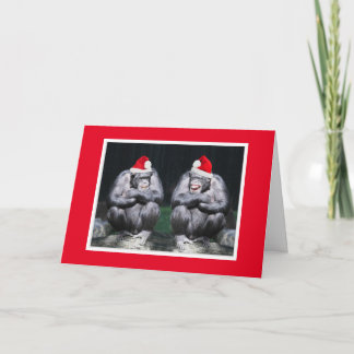 DOIS CHIMPANZÉS COM CHAPÉUS DE PAPAI NOEL CARTÃO D