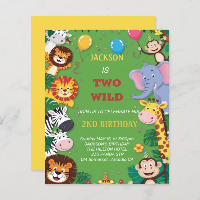 Dois Convite para segundo aniversário Safari Selva (Frente/Verso)